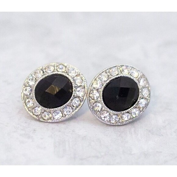 Vintage Silver Tone Black Gem Earrings, Oval  Stud Earrings by Monet - C8 - Picture 1 of 2